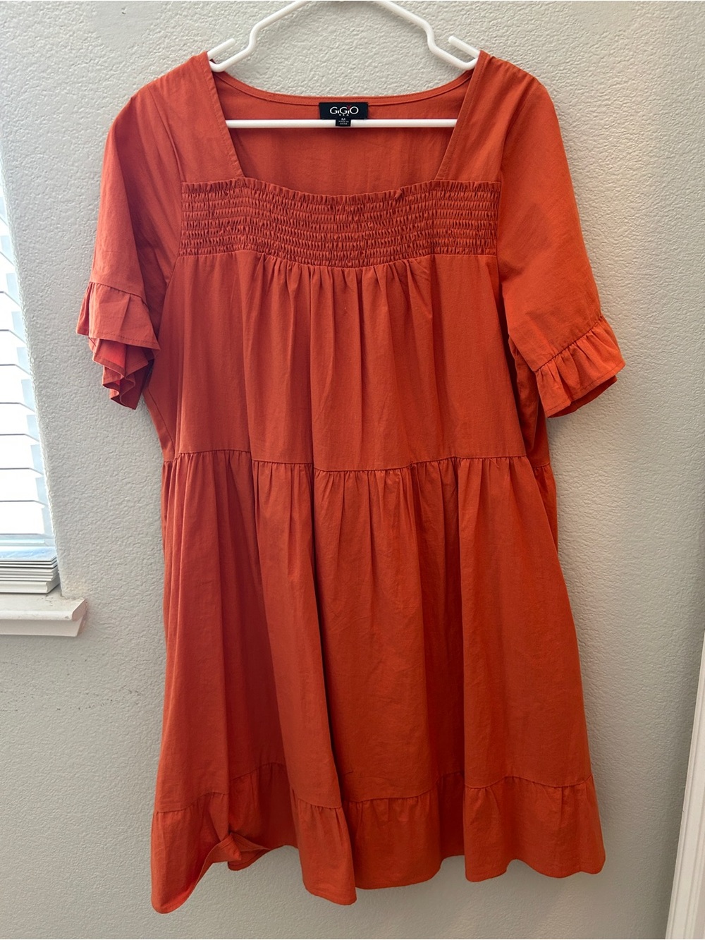 Gigio Rust Orange Tiered Smocked Midi Dress